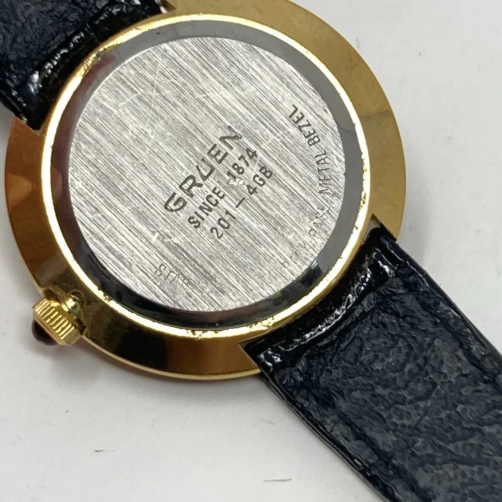 Vintage Gruen Women's Watch Red Crystals Gold Tone 26mm Bling New Battery 7.25